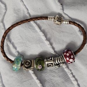 Pandora Murano Collaboration Brown Braided Bracelet with Colorful Beads And Char